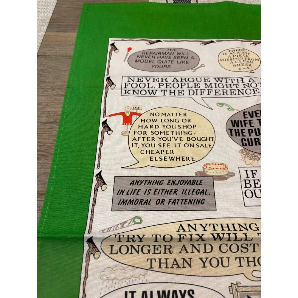 Vtg Murphy's Laws Irish Tea Towel Green Linen‎ Leprechaun Humorous Kitchen Decor
